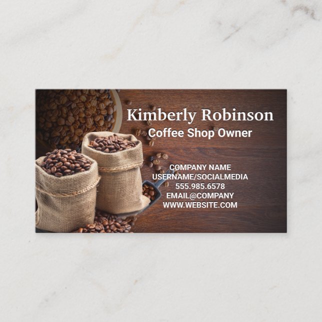 Coffee Bag of Beans on Wooden Tables Business Card (Front)