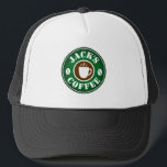 Coffee bean and cup logo trucker hat for barista<br><div class="desc">Coffee bean and cup logo trucker hat for barista. Custom hats for shop employees,  coworker,  colleague,  boss,  company staff,  store personnel etc. Add your own personalised business name.</div>