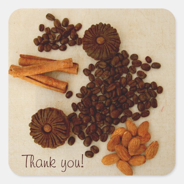 Coffee beans, almonds, cinnamon and cookies square sticker (Front)