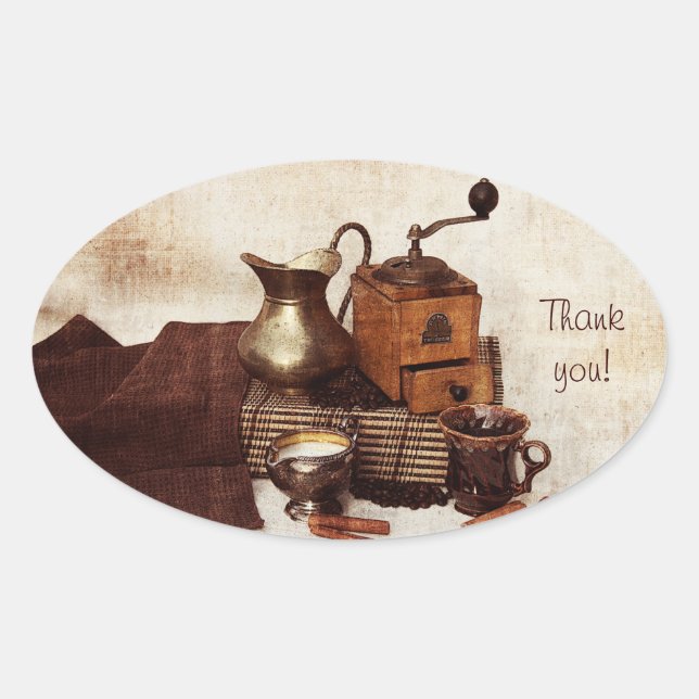 Coffee beans and old coffee mill thank you sticker (Front)