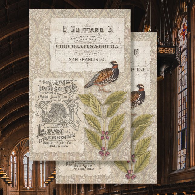 Coffee Beans Ephemera Bird Masculine Tan Decoupage Tissue Paper (Creator Uploaded)