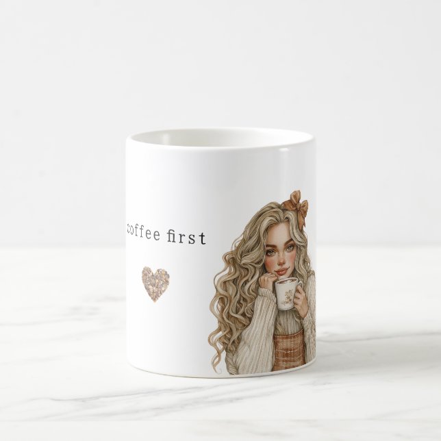 Coffee Beans Heart Cream Blonde Female Coffee Mug (Center)