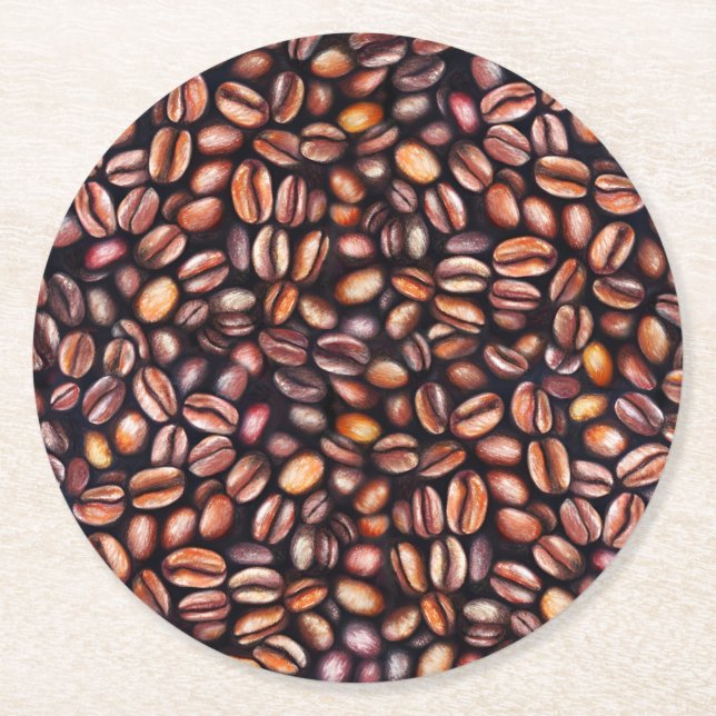   Coffee Beans Pencil Drawing Pattern Rustic Brown Round Paper Coaster (Front)