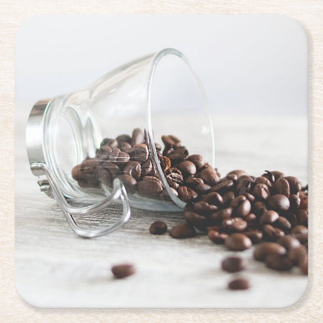 Coffee Beans Spilling out of a Clear Coffee Cup Square Paper Coaster (Front)