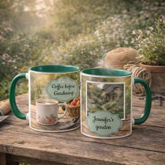 Coffee before gardening morning garden photo mug