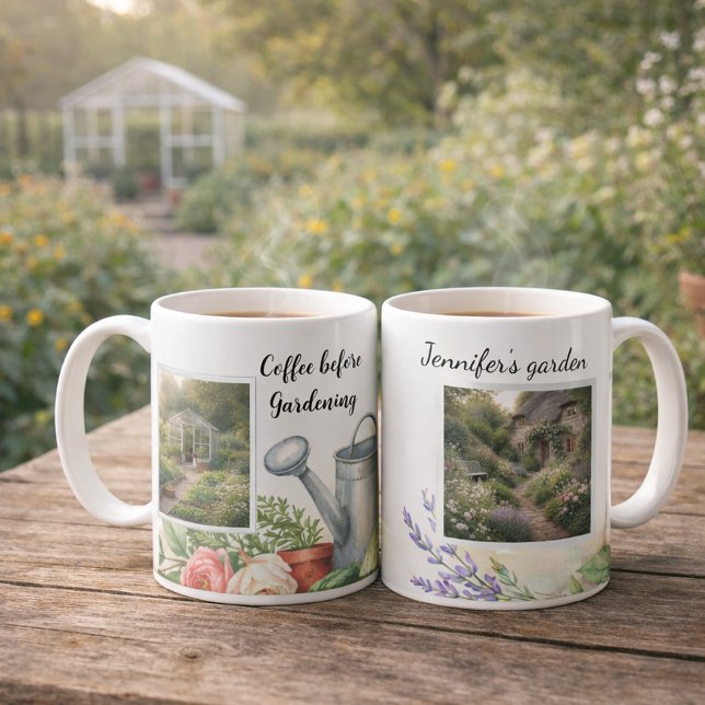 Coffee before gardening photo personal garden mug (Create your own Coffee before gardening photo personal garden mug. You can add your own photos.)