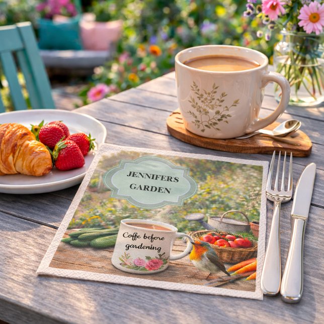 Coffee before gardening robin garden personal  napkin (Coffee before gardening robin garden personal napkins. You can add your own name. For garden lovers.)