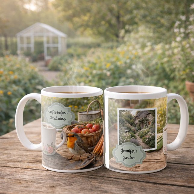 Coffee before gardening robin morning garden photo mug (Coffee before gardening robin morning garden photo mug. You can add your own photo, name and text.)