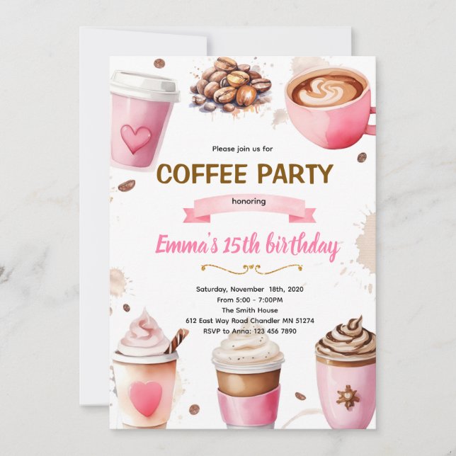 Coffee birthday girl theme invitation (Front)