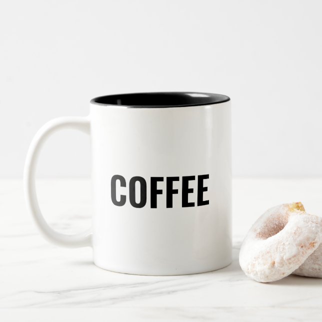 "Coffee" black letters white Two-Tone Coffee Mug (With Donut)