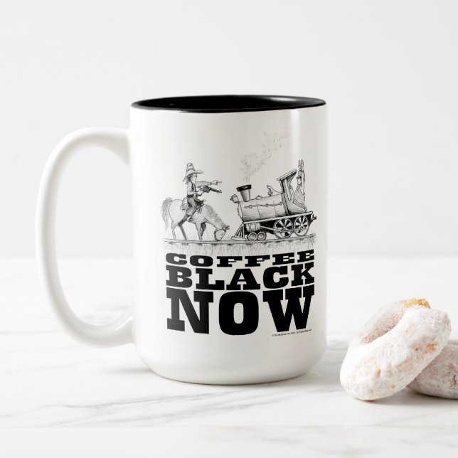 Coffee Black Train Robbery Drawing Two-Tone Coffee Mug (With Donut)