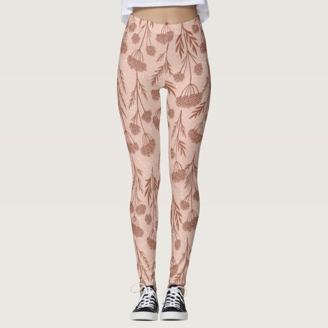 Coffee Blush And Brown Wildflower Pattern Leggings (Front)