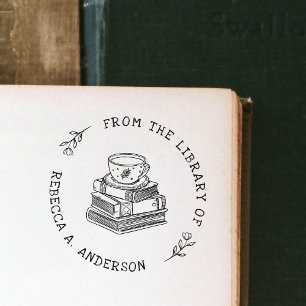 Coffee & Books Boho Personal Library Bookplate Rubber Stamp
