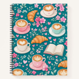 Coffee Books Croissants and Pink Flowers Notebook