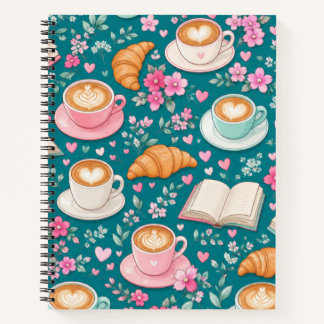 Coffee Books Croissants and Pink Flowers Notebook