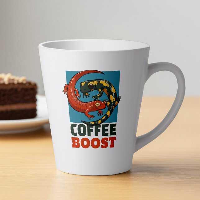 Coffee Boost Cute Red & Fire Salamanders Cartoon Latte Mug (Creator Uploaded)