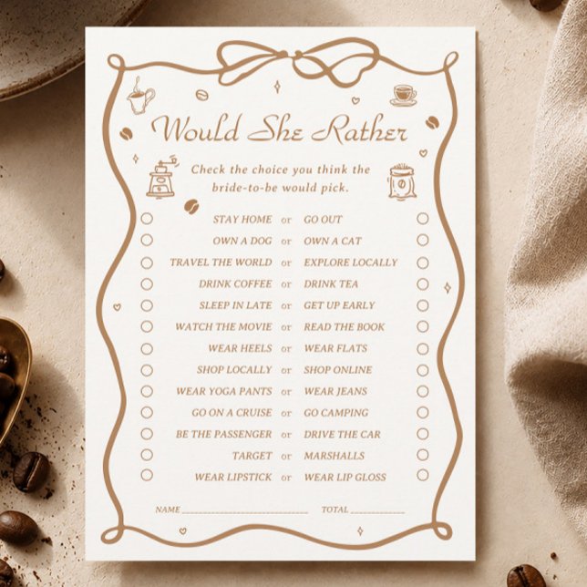 Coffee Bridal Shower Would She Rather Game Card (Creator Uploaded)