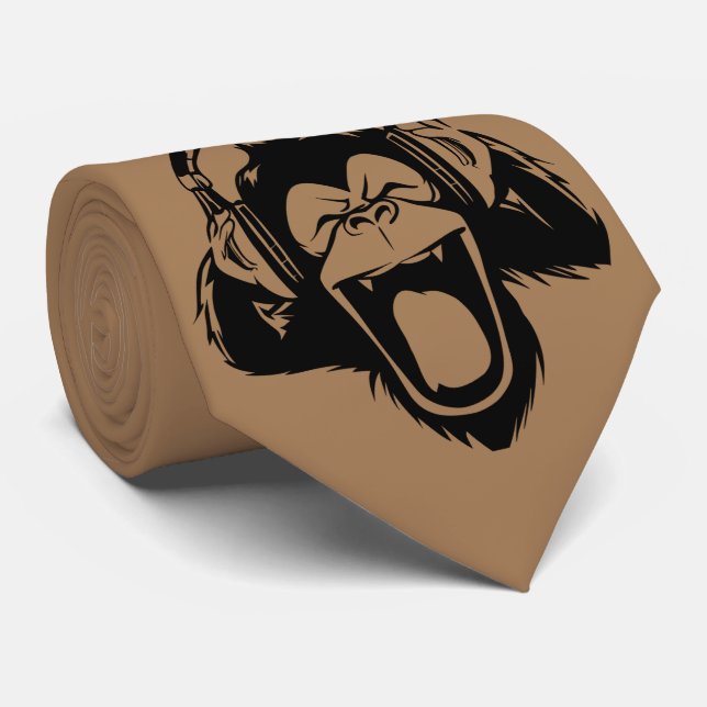 Coffee Brown Ape Rocking Out with Headphones Tie (Rolled)