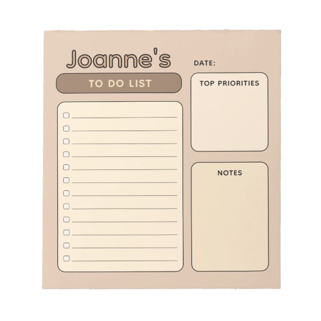 Coffee Brown Cute Customisable To Do List Notepad (Front)