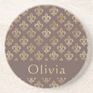 Coffee Brown & Gold Fleur De Lis Personalised   Coaster