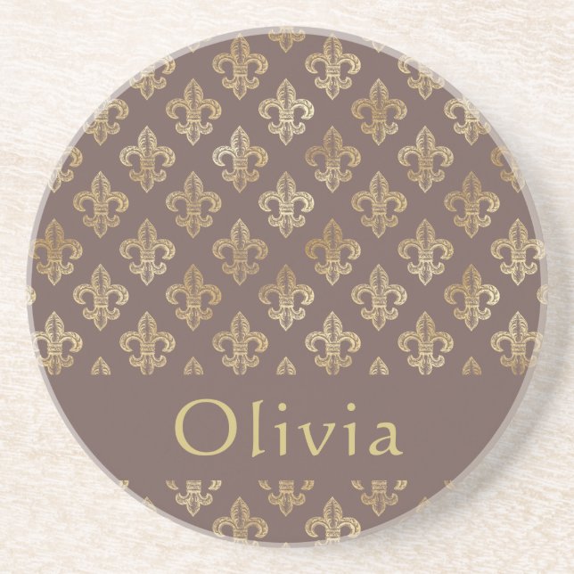 Coffee Brown & Gold Fleur De Lis Personalised   Coaster (Front)