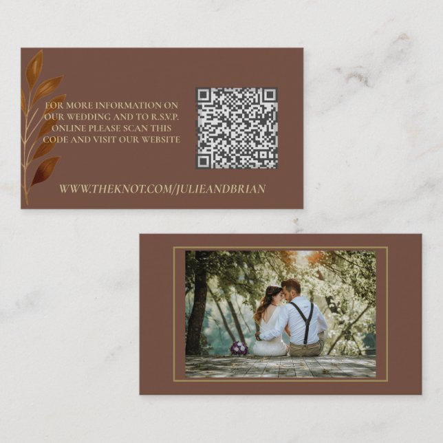 Coffee Brown Gold Leaf Photo Wedding RSVP QR Code Enclosure Card (Front/Back)
