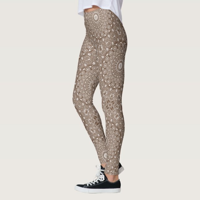 Coffee Brown Mandala Symmetry Pattern Leggings (Left)