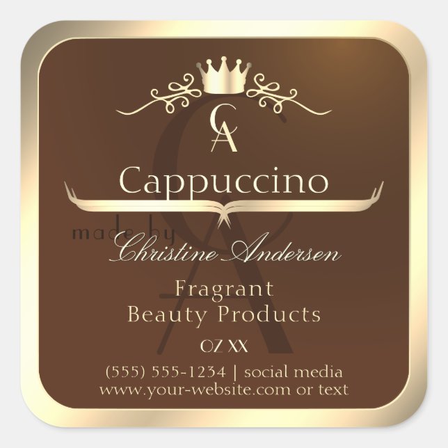 Coffee Brown Product Label Gold Frame and Monogram (Front)
