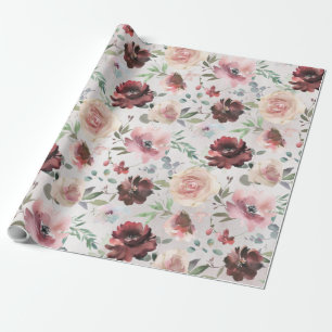 Coffee Burgundy Pink Peony & Mondial Roses Garden Wrapping Paper