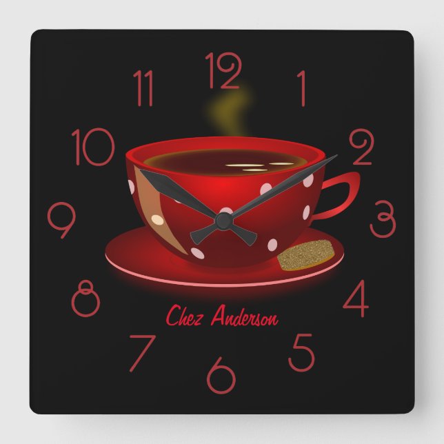Coffee Cafe Red and Black Personalised Square Wall Clock (Front)