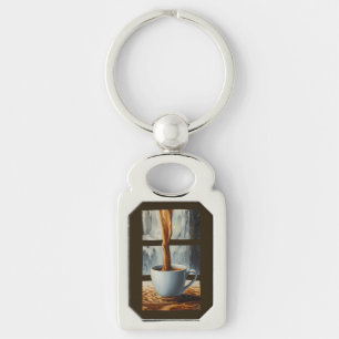 Coffee Cascade Art with Surreal Waterfall Flow Key Ring
