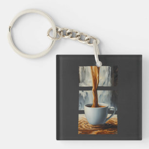 Coffee Cascade Art with Surreal Waterfall Flow Key Ring