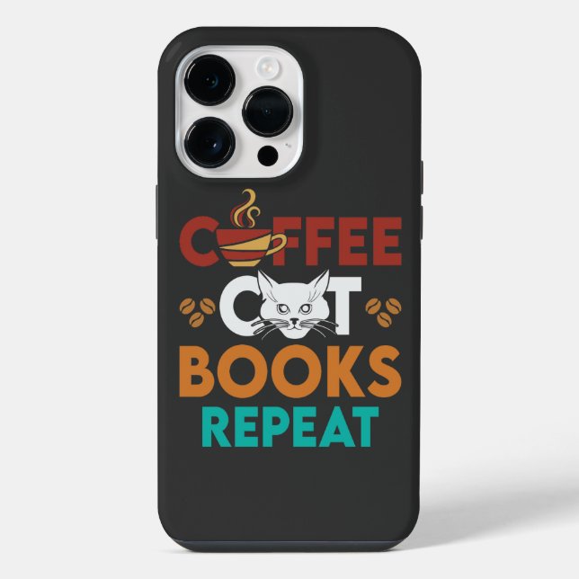  Coffee Cat Books Repeat, Coffee reading Cat Lover iPhone Case (Back)