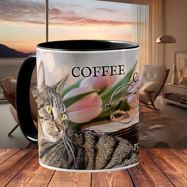 Coffee Cats and Books Mug (Coffee mug featuring a lovely spring image of a tabby cat with tulips, books and a pair of glasses)