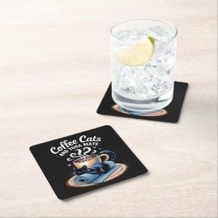Coffee Cats and Yoga Mats Funny Cat Yoga Square Paper Coaster