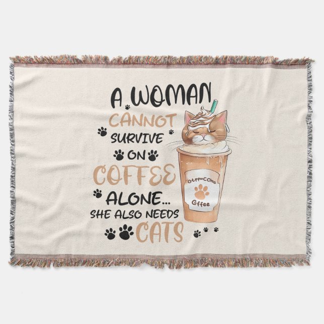 Coffee & Cats – Cute Kawaii Art Throw Blanket (Front)