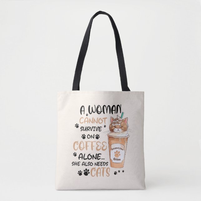 Coffee & Cats – Cute Kawaii Art Tote Bag (Front)