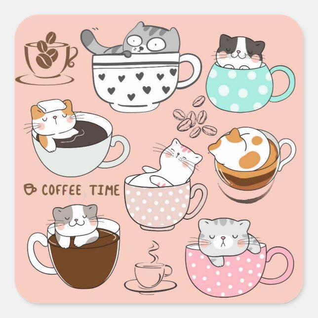  Coffee Cats Funny Square Sticker (Front)