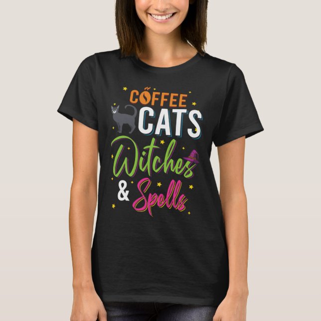 Coffee Cats Witches And Spells Cute Halloween T-Shirt (Front)