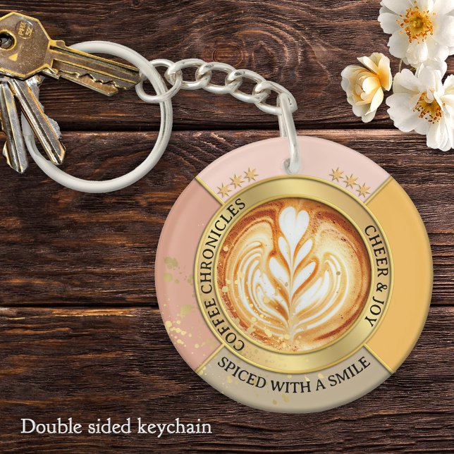 Coffee Chronicles Latte Art Quote Chic Key Ring (Coffee chronicles personalized elegant cappuccino coffee lover keychain)