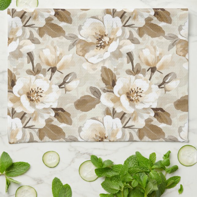 Coffee Cocoa Cream Floral Tea Towel (Folded)