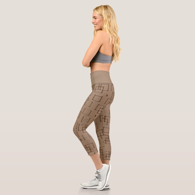 Coffee Coloured Squares Pattern Capri Leggings (Left)