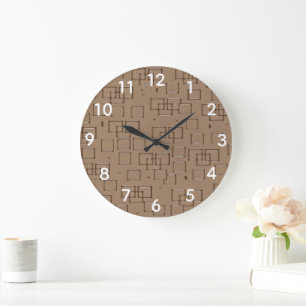 Coffee Coloured Squares Pattern Large Clock
