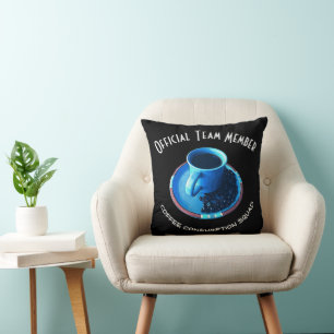 Coffee Consumption Squad   Blue Cup and Saucer Cushion