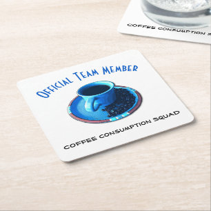 Coffee Consumption Squad Blue Cup Saucer Custom Square Paper Coaster