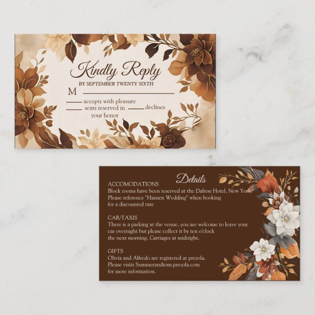 Coffee & Cream Autumn Floral Theme Wedding RSVP Enclosure Card (Front/Back)