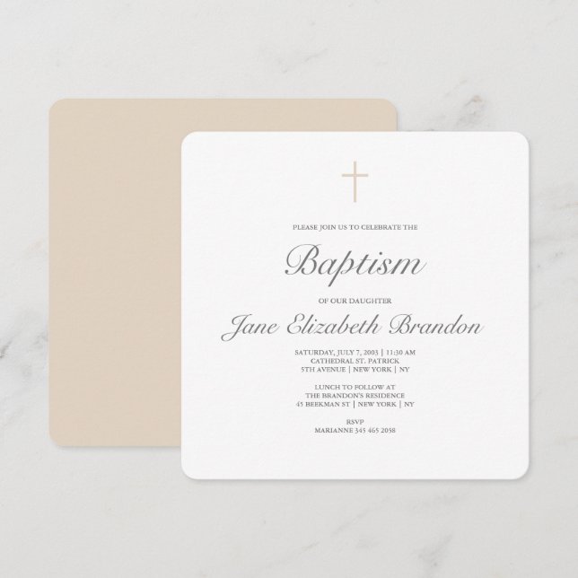 Coffee cream cross Baptism invitation (Front/Back)