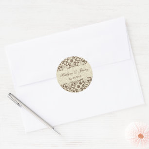 Coffee & Cream Vintage Damask Lace Wedding Favour Classic Round Sticker