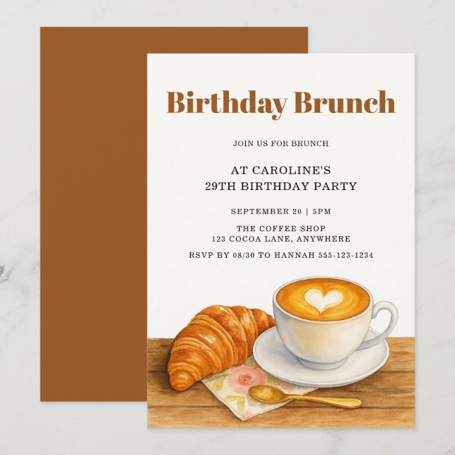 Coffee & Croissant 29th Adult Birthday Brunch Invitation (Front/Back)