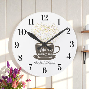 Coffee Cup Brown White Yellow Inspirational Quote Round Clock